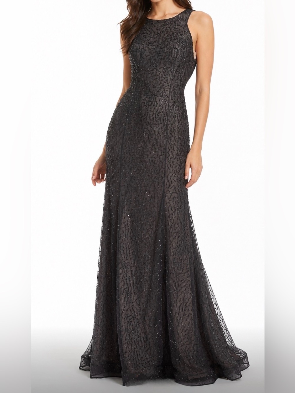 Floor Length Beaded Formal Gown Cross Back Charcoal Color Fit and Flare Form